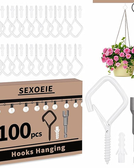 Sexoeie 100 PCS White Eye Screw Hooks for Hanging Heavy Duty with Safety Buckle.Metal Ceiling Hooks for Hanging Plants Cup Wind Chime Bird Feeders Patio Lights at Indoor&Outdoor