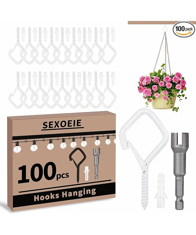 Sexoeie 100 PCS White Eye Screw Hooks for Hanging Heavy Duty with Safety Buckle.Metal Ceiling Hooks for Hanging Plants Cup Wind Chime Bird Feeders Patio Lights at Indoor&Outdoor