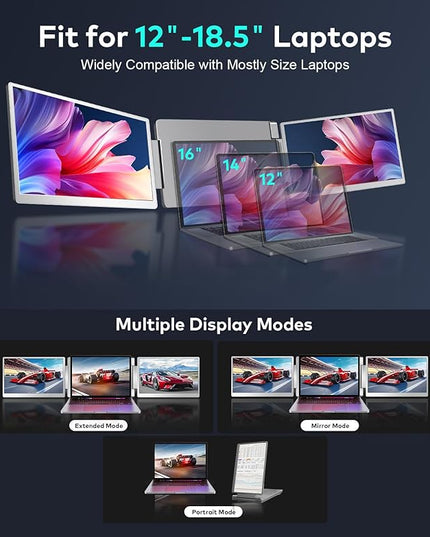 FQQ 15.6" Laptop Screen Extender, Left Screen 360° Flip Triple Screen Monitor Extender, FHD 1080P IPS Portable Travel Monitor Display, fit for 12–18.5" Laptops, Compatible with Windows and MacBook-S10