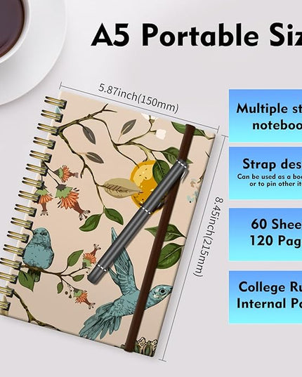 Spiral Journal Notebook, A5 Cute Notebooks for Women Men, College Ruled Hardcover Notebook for Work & Note Taking, 60 Pages Double-Wire Journals for Writing, Cute Blue Birds