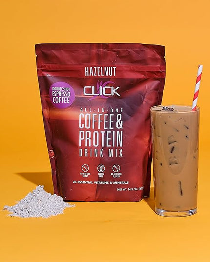 Click Coffee Protein Powder | Double Shot Espresso | 16g Protein | 23 Essential Vitamins | Low Calorie Meal Replacement | 150mg Caffeine | Gluten Free | No Artificial Flavors or Colors | Hazelnut