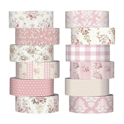 YooNotee 12 Rolls Watercolor Floral Washi Tape Set 15 mm Vintage Flower Decorative Masking Tape for Arts DIY Craft Scrapbook Envelope Party Supplies Gift Wrapping(Light Pink,Polka Dots and Floral)