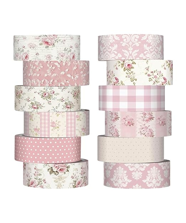 YooNotee 12 Rolls Watercolor Floral Washi Tape Set 15 mm Vintage Flower Decorative Masking Tape for Arts DIY Craft Scrapbook Envelope Party Supplies Gift Wrapping(Light Pink,Polka Dots and Floral)