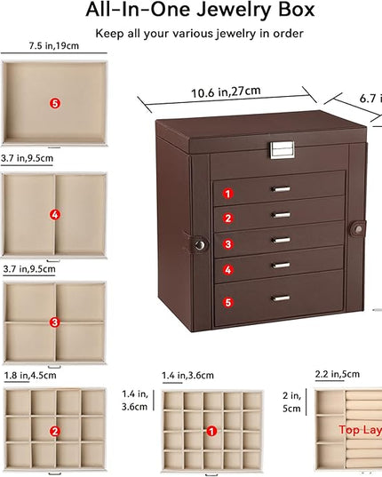 Frebeauty Large Jewelry Box,6-Tier PU Leather Jewelry Organizer,Multi-functional Storage Case with Mirror,Accessories Holder with 5 Drawers for Necklace Bracelets Watches(Dark Brown)