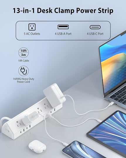 45W Fast Charging Station,Desk Clamp Power Strip,4 PD USB-C Ports,5 AC Outlets,Surge Protector Power Strip, 14AWG Heavy Duty Cord, Fits 1.9" Tabletop Edge (White, 10 FT Cable)