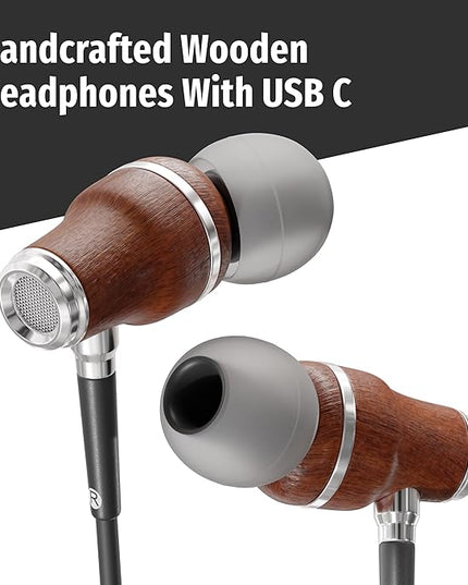 Symphonized Premium Wooden iPhone Earphones Wired (USB C) Deep Bass Sound, 3D Sound, Microphone Volume Control, 90% Noise Cancelling for Type C Devices. Earphones for iPhone 15 to 17 & Android (Black)