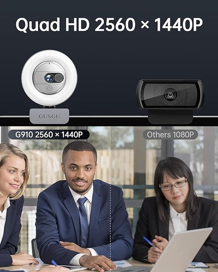 GUSGU G910 2K Quad HD Webcam for PC, with Microphone & Light & Privacy Cover, Web Camera for Desktop Computer/Laptop/MacBook, USB Streaming Camera