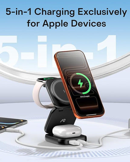 5-in-1 Wireless Charger for MagSafe, AC ISLAND Portable Travel Charging Station, 35W Max Fast Foldable Magnetic Stand, Evolved for iPhone 17-12 & Air Series, Apple Watch, AirPods (with 35W Adapter)