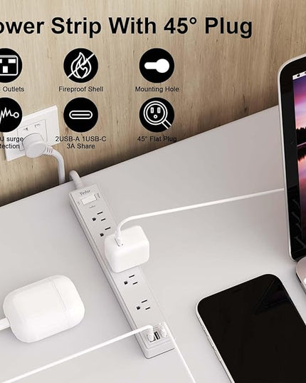 6Ft Power Strip Surge Protector - Yintar Extension Cord with 6 AC Outlets and 3 USB Ports for Home, Office, Dorm Essentials, 1680 Joules, ETL Listed, Grey
