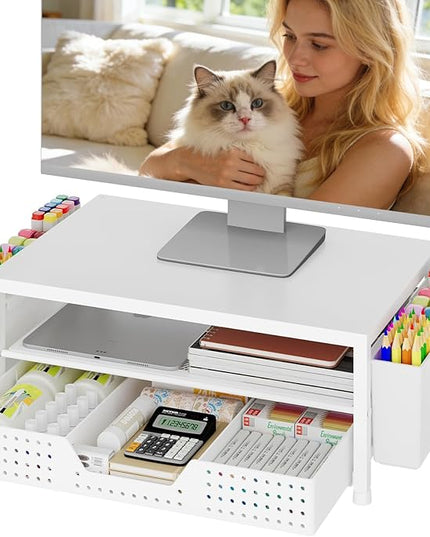OPNICE Desk Organizers and Accessories, 2-Tier Computer Monitor Stand Riser with Drawer and 2 Pen Holders, Laptop Stand, Office Desk Accessories for Office Supplies, White