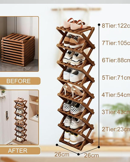 Comeon Bamboo Shoe Rack, Foldable Vertical Shoe Rack for Front Door Entrance Narrow Shoe Organizer Small Shoe Shelf for Entryway Shoe Storage Closet Multi-Tier (Brown Colors,6 Layers)