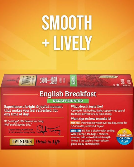 Twinings Decaffeinated English Breakfast Black Tea Individually Wrapped Bags, 25 Count (Pack of 6), Flavourful, Robust, Enjoy Hot or Iced, 150 Teabags