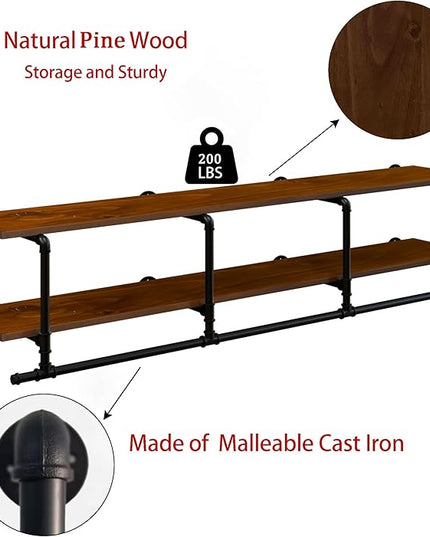 Wall Mounted Clothes Rack 12 Inch Deep, 72 Inch Heavy Duty Garment Rack with Real Walnut Wood Shelf, Multi-Purpose Hanging Rod & Space-Saving Closet Storage Organizer