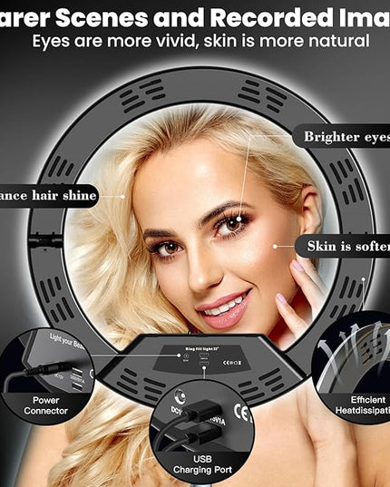 18" Foldable Ring Light with Stand for iPhone ipad Camera, 75" Tripod with Wheels 38W 6500K LED Display/Remote/2 USB Ports Large Big Ringlight Rolling for YouTube Facebook TikTok Live Video Recording