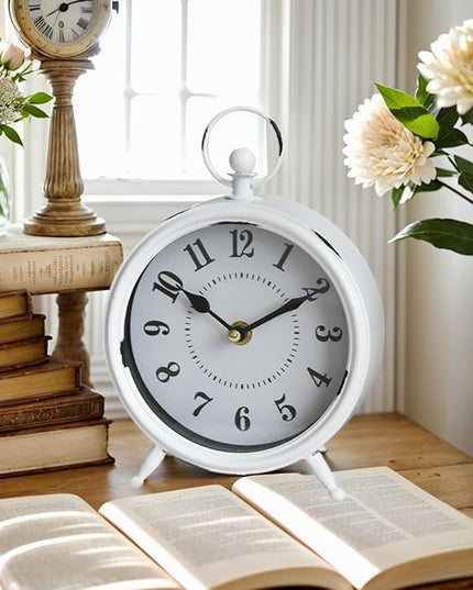 MACVAD Small white table clock Vintage Rustic White Table Clock on Stand, Decorative Desk and Shelf Clock Farmhouse Mantel Clock Rustic Non-Ticking Clock