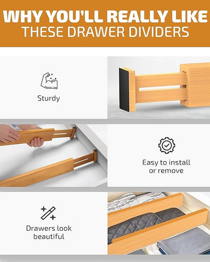 4 Pack Drawer Divider - Bamboo 2.6" High, 12.5-17" Adjustable Drawer Organizers for Clothes, Expandable Dresser Separators in Bedroom, Bathroom, Kitchen, Office Organization and Storage