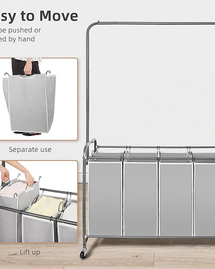 STORAGE MANIAC Laundry Sorter with Hanging Bar, Portable, Removable Laundry Hamper Cart with Heavy Duty Rolling Lockable Wheels and Removable Bags, Rolling Laundry Basket Organizer 181L, 4 Section