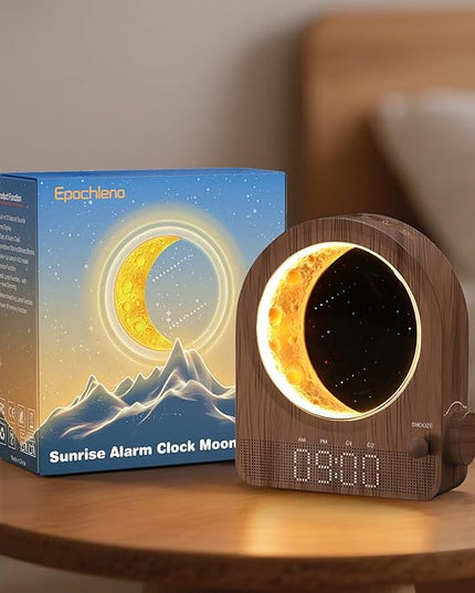 Sunrise Alarm Clock, White Noise Machine & Meteor Moonlight - 10 Soothing Sounds, Dual Alarms, 30/60/90min Timer, Easy Snooze - Bedroom Gift for Insomnia Adults/Women - Walnut