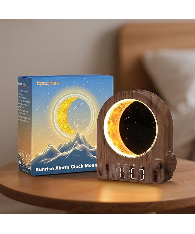 Sunrise Alarm Clock, White Noise Machine & Meteor Moonlight - 10 Soothing Sounds, Dual Alarms, 30/60/90min Timer, Easy Snooze - Bedroom Gift for Insomnia Adults/Women - Walnut