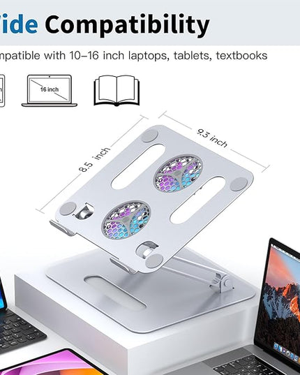Adjustable Laptop Cooling Stand with 2 Quiet Fans & RGB Lighting, Aluminum Alloy & Foldable Ergonomic Design for MacBook, Lenovo, ASUS, Dell 10-16 Inch, Perfect for Gaming, DJ, Office - Silver