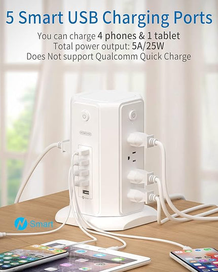Power Strip Tower Surge Protector, NTONPOWER 8 Outlet 5 USB Desktop Charging Station 1625W 13A, 6ft Extension Cord Flat Plug, Individual Switches, 1080 Joules, Overload Protection for Home Office