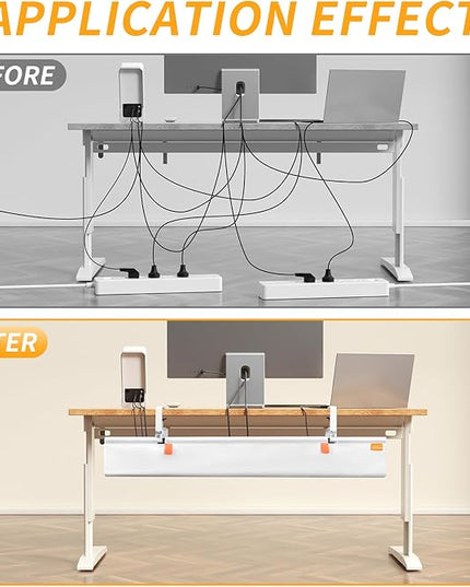 No Drill Under Desk Cable Management Tray, 36" Cord Organizer with Clamp, Fabric Cable Management for Standing Desks, Ideal for Home & Office - White