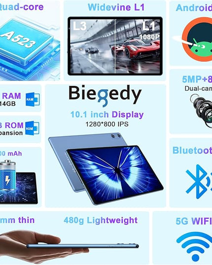 2025 Tablet, 10 Inch Android Tablet 20GB RAM+128GB ROM+1TB Expand, Octa-Core Android 14 Tablets with Keyboard, Mouse, HD IPS Touchscreen, 6000mAh, BT 5.0, WiFi 6, Widevine L1, Split Screen -Blue