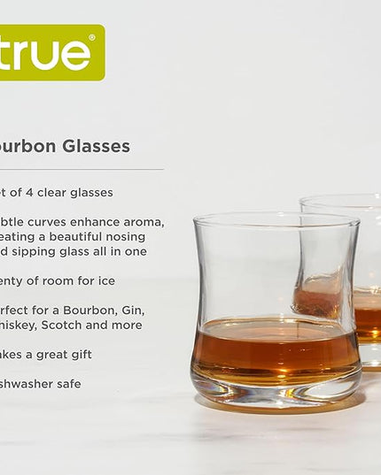 True Bourbon Glass, Whiskey Glasses, Clear Tumbler for Old Fashioned, Scotch, Vodka, Tequila, Brandy, Rum, Gin, Home Bar Glassware, 10 oz Set of 4