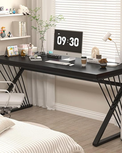 FOLUBAN Black Desk, Modern Wood and Metal Computer Desks for Home Office, Simple Writing Work PC Desk for Bedroom, Industrial Study Gaming Table for Living Room, 60 Inch