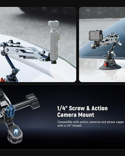NEEWER Vacuum Suction Cup Car Mount for Action Camera with Hydraulic Boom Arm, NATO Rail, Compatible with DJI Osmo Pocket 3 Insts360 X5 X4 X3 GoPro Hero Adapter Mobile Phone Holder, 500 g Max Load