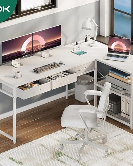 AODK 61 Inch L Shaped Computer Desk with Drawers, Corner Desk with Power Outlets & Reversible Storage Shelves, for Home Office Gaming, White