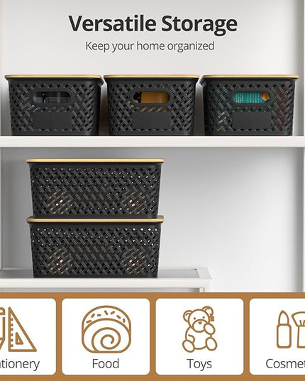 Plastic Storage Bins with Bamboo Lids, Stackable Small Box Baskets for Organizing and Containers for Shelves Drawers Desktop Closet Pantry Classroom Office Home, 6 Pack 10.2x7.2x4.1 Inch, Black