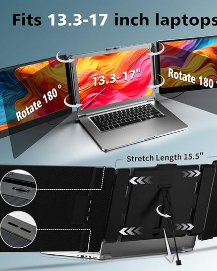 ROYY Laptop Screen Extender Triple Monitor - 14" 1080P Portable Monitor FHD Attachment Extra Screen Compatible with Windows Mac Dex Chrome Travel Work Fits 13-17" Laptops