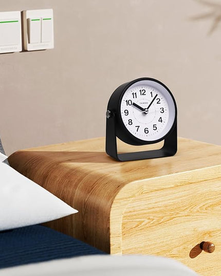 TIMESS Analog Alarm Clock, Silent Non-Ticking Quartz Movement, Battery-Operated with Snooze & On-Demand Light, Easy to Set Gentle Wake Bedside Desk Clock, Ideal for Home, Travel, Office (Black)