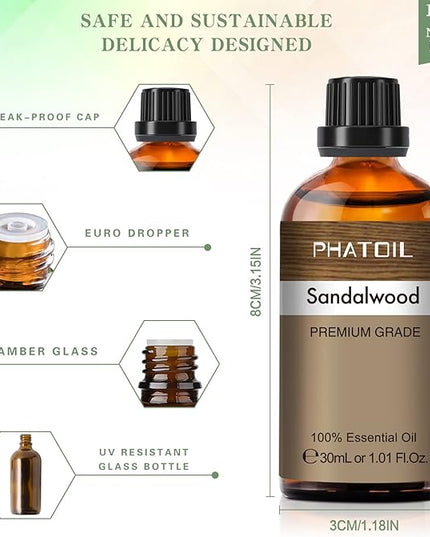 Sandalwood Essential Oil, 1.01Fl.Oz (30ML) PHATOIL Pure Essential Oil Singles for Aromatherapy Diffusers, Humidifiers, Great for DIY Candle and Soap Making, Gift for Friend