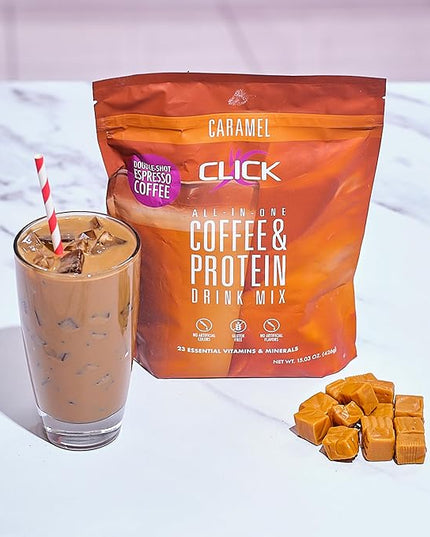 Click Coffee Protein Powder | Double Shot Espresso | 16g Protein | 23 Essential Vitamins | Low Calorie Meal Replacement | 150mg Caffeine | Gluten Free | No Artificial Flavors or Colors | Caramel