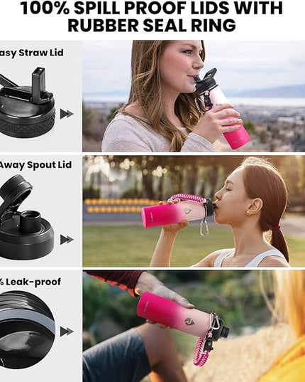 Insulated Water Bottle 20 oz, Triple Wall Vacuum Stainless Steel (Cold for 48 Hrs), Leak Proof & Non-BPA, Kids Water Bottle Jug for School with Straw Spout Lids, Ombre Pink