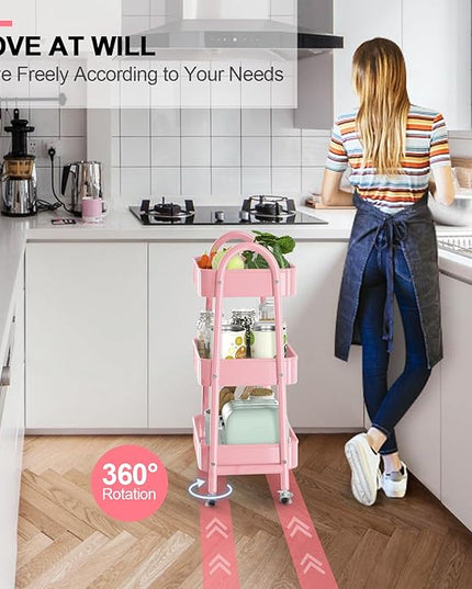 EAGMAK 3 Tier Utility Rolling Cart, Metal Storage Cart with Handle and Lockable Wheels, Multifunctional Storage Organizer Trolley with Mesh Baskets for Kitchen, Living Room, Office, Garage (Pink)