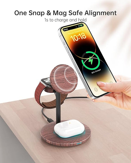 XooFly 3 in 1 Wireless Charging Station for Apple Devices, Fast Wireless Mag-Safe Charger Stand with 20W Adapter for iPhone 17/16 15 14 13 12 Pro Max/Pro/Plus/Air/Mini,iWatch,AirPods,Brown Wood Grain