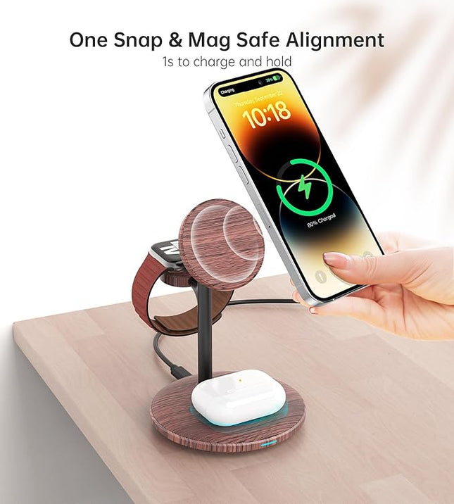 XooFly 3 in 1 Wireless Charging Station for Apple Devices, Fast Wireless Mag-Safe Charger Stand with 20W Adapter for iPhone 17/16 15 14 13 12 Pro Max/Pro/Plus/Air/Mini,iWatch,AirPods,Brown Wood Grain