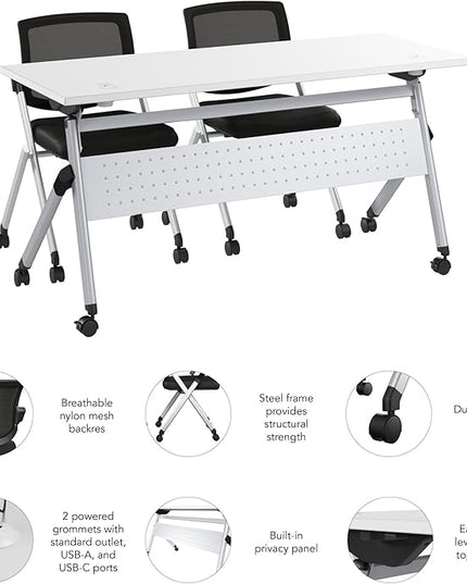 Bush Business Furniture Folding Training Table Set for 2, 60 inch Desk with Powered Grommets and 2 Chairs, Commercial-Grade Bundle for Office or Classroom, Envision Collection, White