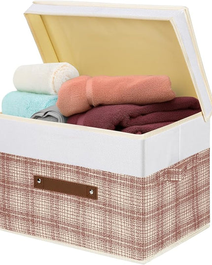 TYEERS Collapsible Storage Bins with Lids, Patchwork Design, Washable, Fabric Storage Boxes, 14.9x9.8x9.8 inches, 5 Pack, Camel Tan