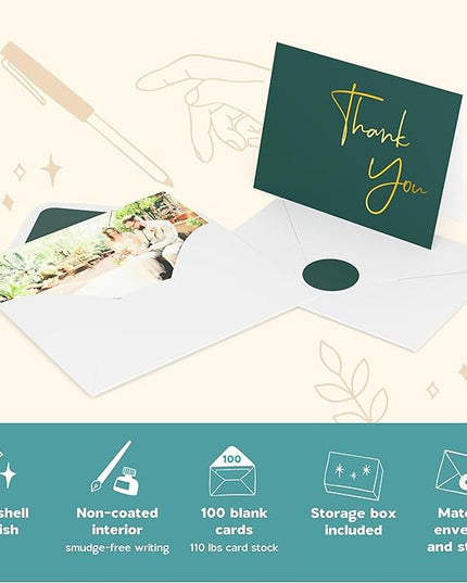 VNS Creations Gold Foil Thank You Cards With Envelopes Bulk Set & Stickers - 100 Pack 4x6 Blank Thank You Notes Set - Large Note Card Small Business, Wedding, Baby Shower & Bridal Shower - Post Green