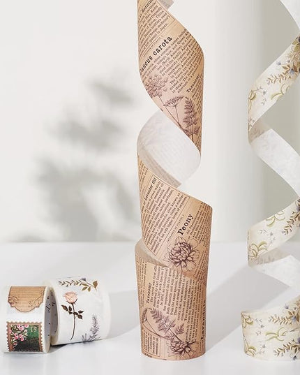 WT Petals & Parchment Washi Sticker Tape Set, 4 Rolls, Original Vintage Floral Designs, Decorative Masking Tape for DIY Crafts, Journaling, Scrapbooking, Planners, and Adhesive Paper Stickers