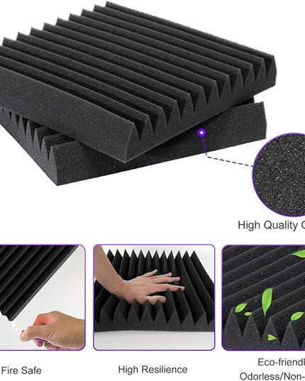 TroyStudio Thick Acoustic Foam Panels, 12 X 12 X 2 Inches 12 Pcs Wedge Sound Absorbing Foam, Dense Soundproof Padding Tile, Recording Studio Foam Absorber, Decorative 3D Wall Ceiling Panel
