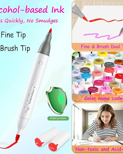 Caliart 121 Colors Alcohol Markers Brush Tip, Dual Tip Artists Coloring Markers Set Brush & Fine, Permanent Alcohol Based Colored Sketch Pens, Art Supplies Gifts for Adults Illustration Drawing