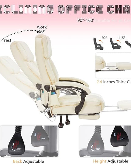 Massage Office Chair with Foot Rest 6 Points Vibration and Heat Home Office Desk Chairs for Heavy People 400lbs Reclining Managerial Chairs Ergonomic Executive Chair (Cream)