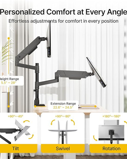 monTEK Dual Monitor Mount Tall Monitor arms for 2 Monitors for 17 to 35 Inch Curved Screen Holds 35 Lbs Adjustable Heavy Duty Monitor Desk Mount Cable Management, VESA 75/100mm, MA1007PBK-D