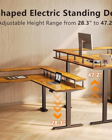 AODK Electric L Shaped Standing Desk, 59 Inch Height Adjustable Stand Up Desk with Power Outlets ＆ Full Monitor Stand, Reversible Corner Desk for Home Office ＆ Computer Workstation, Rustic Brown
