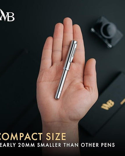 Wordsworth and Black Fountain Pen Mini EDC: Luxury Silver Heavy Pocket Pen, Chrome Finish, Medium Nib, 6 Ink Cartridges, Ink Converter, Travel Refillable Writing Pen Gift Set, Men & Women